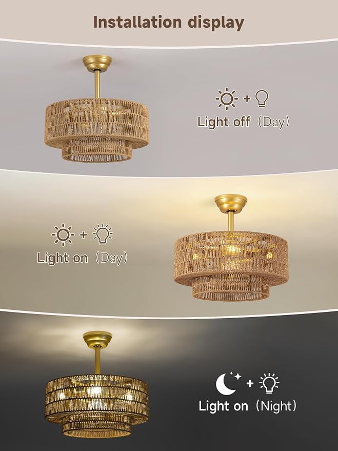 Boho Caged Fandelier with Lights Flush Mount Rattan Ceiling Fan with Lights and Remote Control, Enclosed 6 Speeds Low Profile Fan Light for Bedroom, Living Room, Kitchen