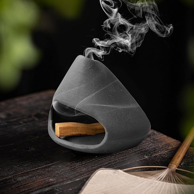 Palo Santo Holder Ceramic Incense Burner Holder Sage Holder for Burning, Ash Catcher Mini Chiminea Unique Home Decor for Meditation/Yoga (Black)