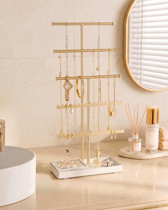 Lolalet 5-Tier Jewelry Organizer Stand, Metal Jewellery Holder, Dresser Display Rack for Necklace Earring Bracelets Rings, Gift for Women Girls -Gold