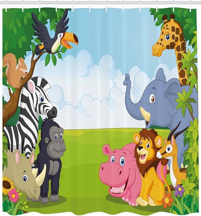 Ambesonne Animal Shower Curtain, Colorful Design Savannah Themed Cartoon Animals Image Art Forest Woodland Print, Cloth Fabric Bathroom Decor Set with Hooks, 69" W x 75" L, Multicolor Sky Blue