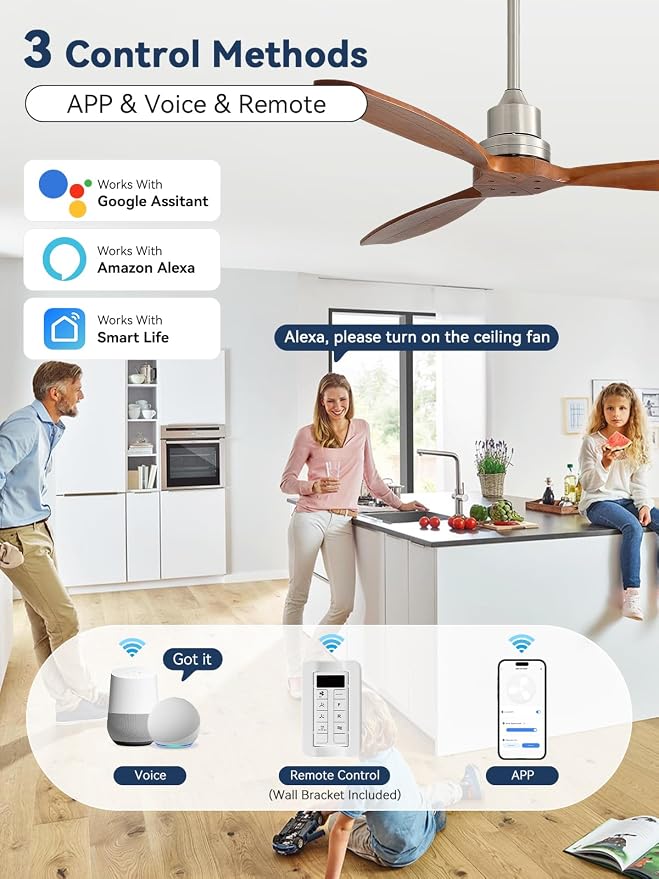 Sofucor 52 Inch Smart Ceiling Fans no Light, Works with App/Alexa/Google, Dimmable 6-Speed Outdoor Wood Ceiling Fan with Remote for Indoor Bedroom Living Room Outdoor Patio Porch