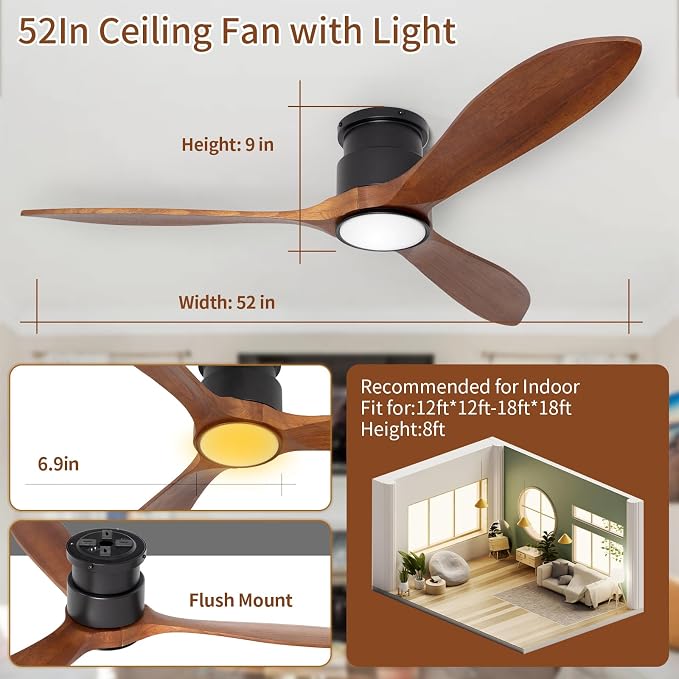 52" Low Profile Ceiling Fan, Flush Mount Ceiling Fan with Lights Remote Control, DC Motor with Wood Blades, 6-Speed & Timer for Bedroom/Living Room/Walnut Wood