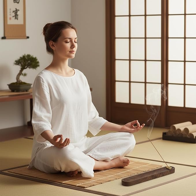 Wood Incense Holder for Sticks with Ash Catcher, 7.2 Inch Brass Incense Burner with 3 Holes, Wooden Incense Stick Holder for Meditation, Yoga, SPA & Home Decor