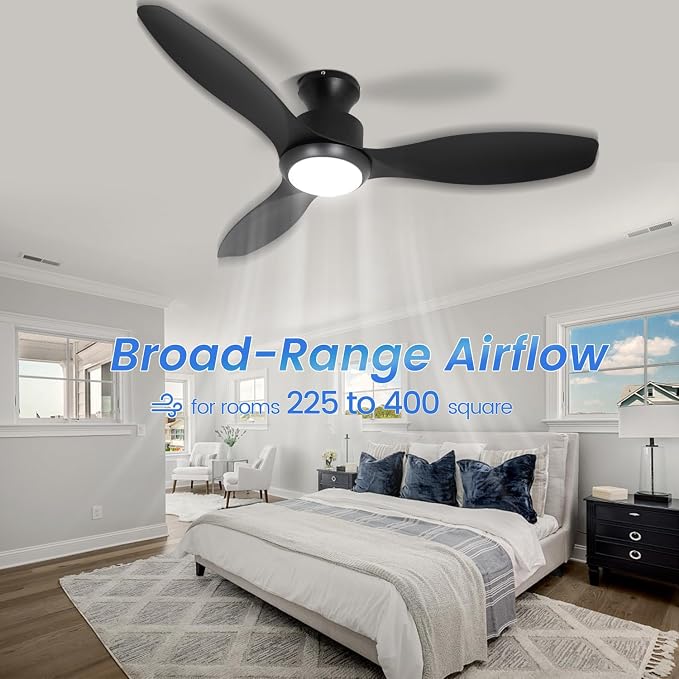 48" Ceiling Fan with Light and Remote, Black Flush Mount Ceiling Fan with 3 Blades,3 Color Dimmable Lights, 6 Speeds, Queit DC Motor, Memory Function, Indoor/Outdoor/Bedroom/Living Room/Patios, Black