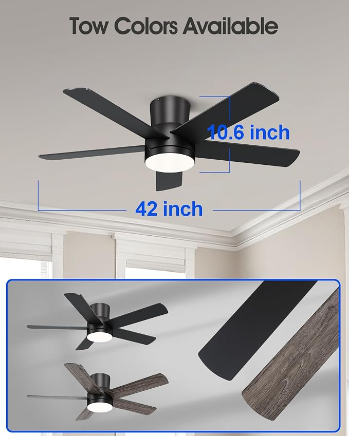 42 Inch Flush Mount Black Ceiling Fan with Light and Remote | 6-Speed Quiet Reversible DC Motor, Dimmable 3CCT LED, 3 Timing Settings, 5-Blade Modern Design, Indoor or Covered Outdoor Use