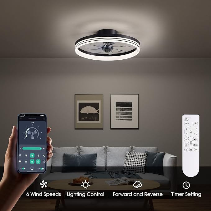 LUDOMIDE Ceiling Fans with Lights and Remote, 18'' Modern Low Profile Ceiling Fan, Dimmable LED Light, 6 Wind Speeds Flush Mount Ceiling Fans for Bedroom