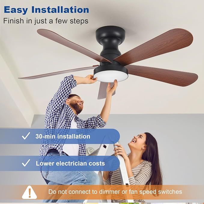 Depuley Small Ceiling Fan with Lights: 42-Inch Flush Mount Fan with Light and Remote - Low Profile Ceiling Fans Reversible Quiet DC Motor for Bedroom Living Room Indoor Outdoor, Walnut