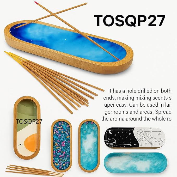 TOSQP27 Handmade Wooden Incense Holder for Sticks – Orange Resin Art Tray | Handcrafted Ash Catcher for Meditation, Yoga & Home Fragrance | Decorative Wooden Incense Burner Gift for Adults