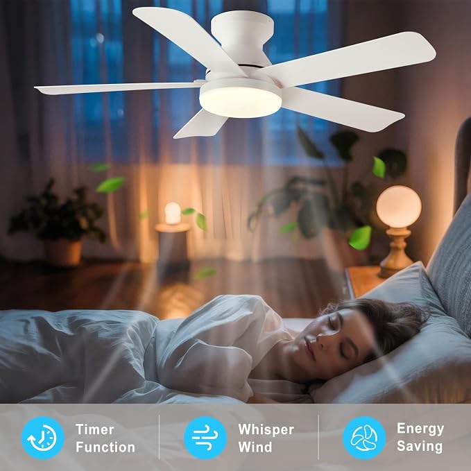 Depuley Ceiling Fan with RGB Light: 42-Inch White Small Fans for Bedroom Indoor Outdoor - Dimmable Low Profile Ceiling Fans with Remote Control Flush Mount 5 Reversible White Blades 6 Speeds Timer