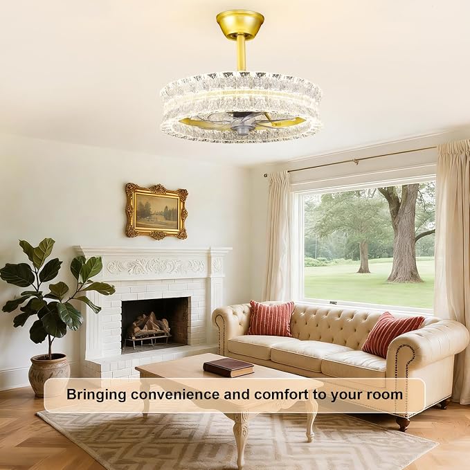 Depuley Crystal Ceiling Fans with Lights: 20" Gold Cagd Fan with Remote Control - Fandelier Fan Light for Girl's Bedroom Living Room Nursery