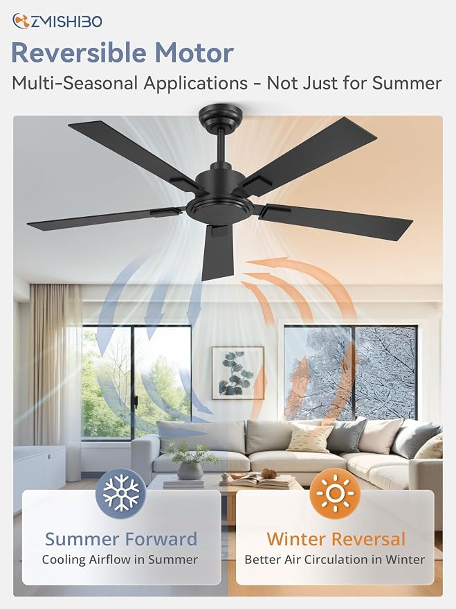 ZMISHIBO 52 Inch Ceiling Fan No Light with Remote Modern Black Ceiling Fan with Quiet Reversible DC Motor,6-Speeds 5 Blades, Indoor/Outdoor Ceiling Fans Without Light for Patios, Living Room, Garage