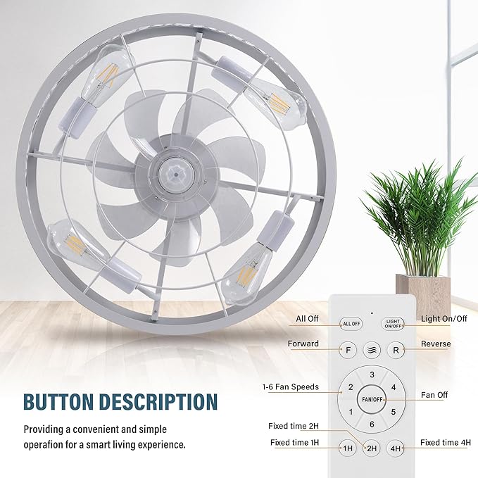 COCOSTAR Farmhouse Ceiling Fan with Light and Remote White Caged Fandelier | Smart Remote/APP,Low Profile,6 Speed,20in Small Flush Ceiling Light Fixture with Fan for Living Dining Kitchen Girls Bedroom
