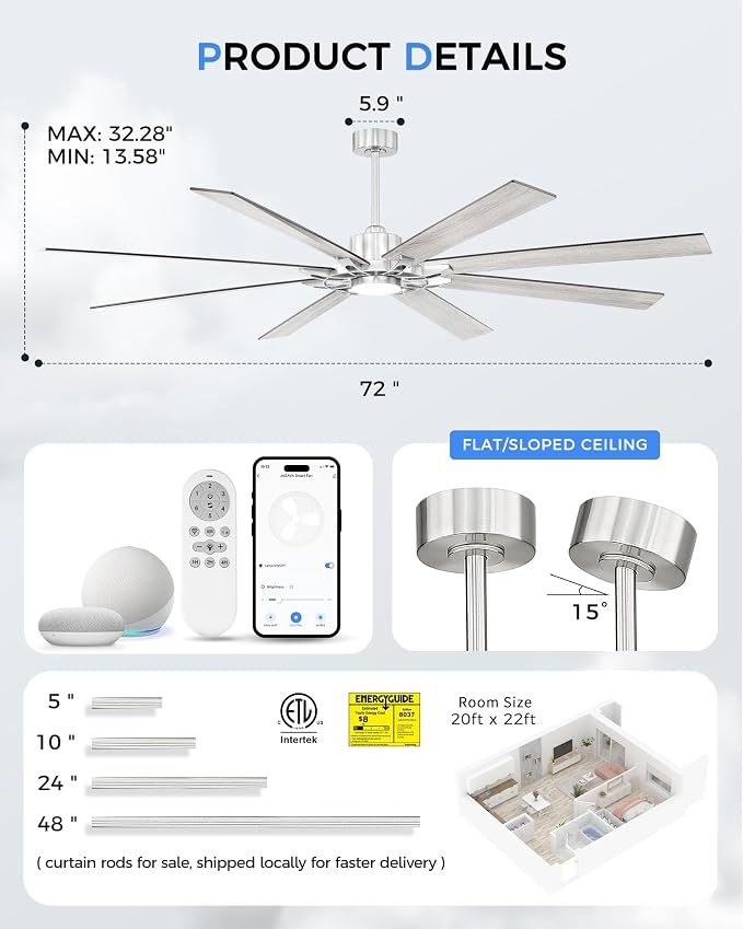 72 Inch Brushed Nickel Ceiling Fan with Light, Smart Alexa Control, Large Indoor Outdoor Fan with Dual Finish 8 Plywood Blades for Living Room, Patio, ZCCF05BN-72