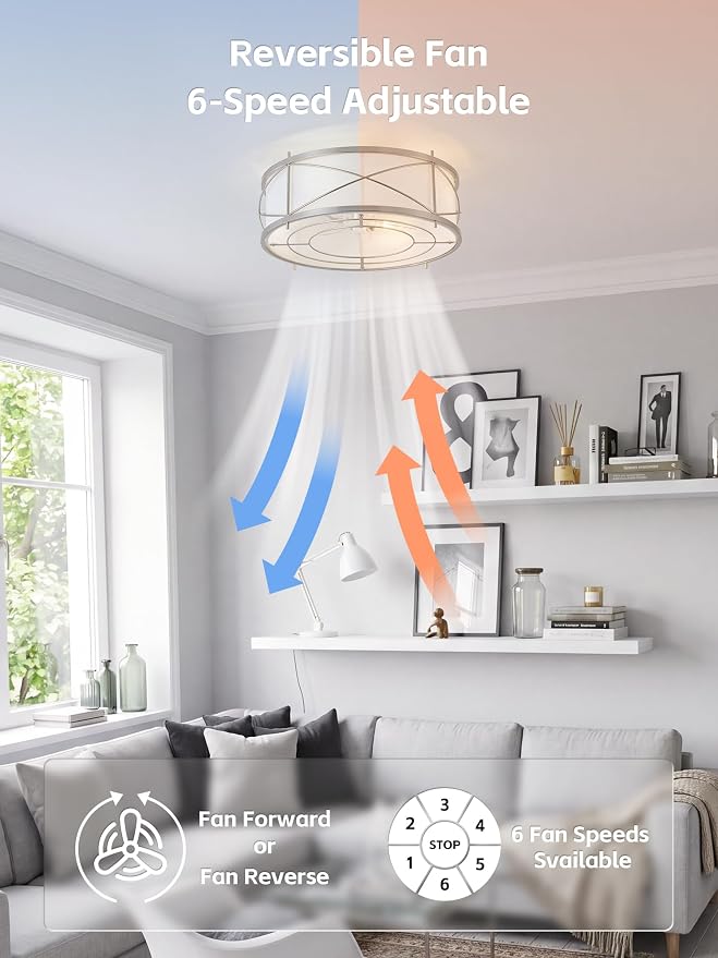 Silver Flush Mount Boho Ceiling Fan with Lights, 20" Caged Rattan Ceiling Fans with Light and Remote, Enclosed with 6 Speeds for Living Room, Bedroom, Nursery