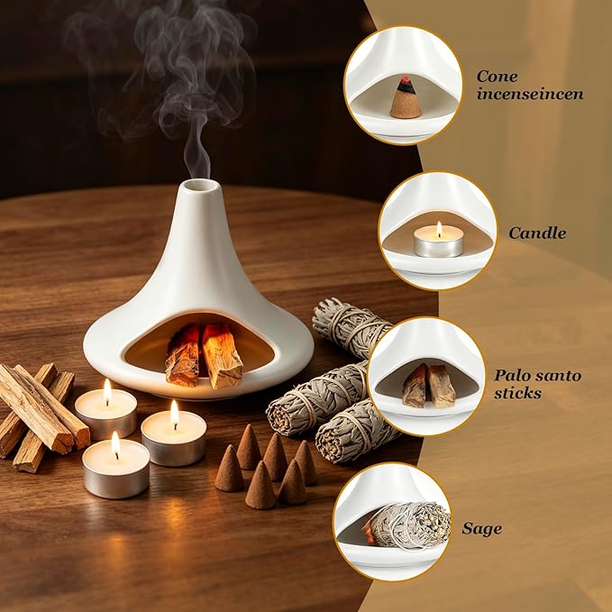 Palo Santo Holder Ceramic Burner, Mini Chiminea Smudge Bowl with Ash Catcher for Palo Santo Sticks, Incense Cones & Candles, Minimalist for Meditation, Yoga, Cleansing Ceremony, Handmade (Matte White)
