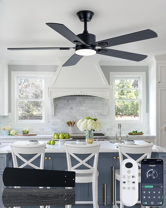 Coolwind 56 Inch Black Modern Ceiling Fan with Display Remote/APP Control, Quiet Ceiling Fan with Light with 8 Speeds & 3CCT, Dimmable, Timer, DC Reversible Motor for Bedroom, Living Room