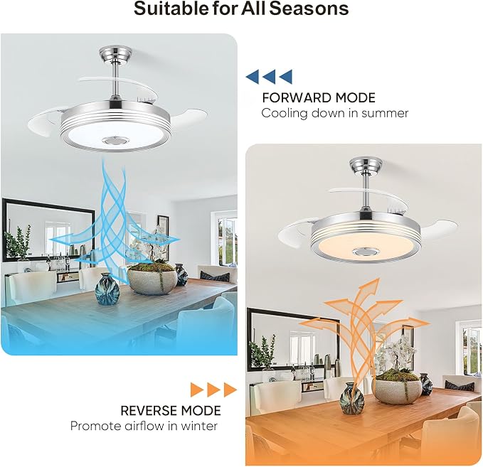 FIDGRA 48'' Retractable Ceiling Fan with Light, Bluetooth Modern Ceiling Fans with Speaker, RGB LED Lights, 6 Speeds, Reversible Motor for Bedroom, Living Room, Party-Chrome