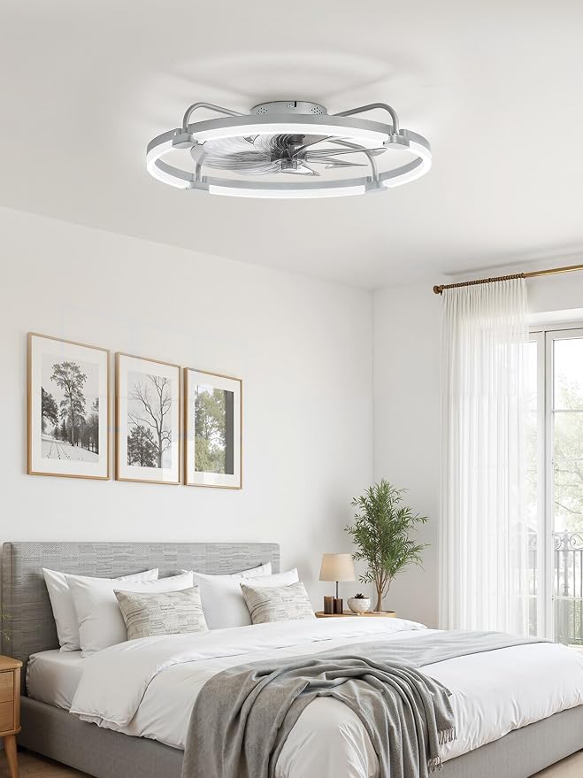 LEDIARY Ceiling Fans with Lights and Remote, 24'' Low Profile Ceiling Fan with Light, 3000-6000K Dimmable Fandelier LED Fan Light, 6 Wind Speeds, Grey Modern Flush Mount Ceiling Fan for Bedroom