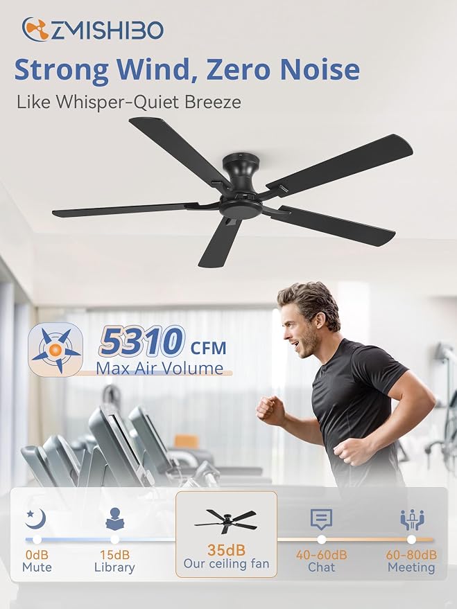 ZMISHIBO 60 Inch Ceiling Fan No Light, Flush Mount Low Profile, Modern Black Ceiling Fan Without Light, Remote Control & Quiet DC Motor, for Indoor&Outdoor, Bedroom, Living Room
