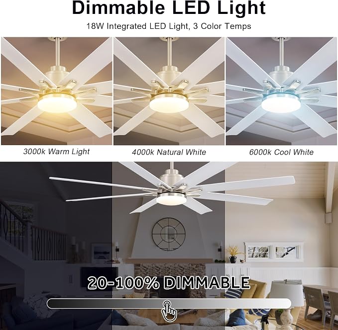 Sofucor 66 Inch Smart Ceiling Fans with Lights, Indoor/Outdoor Ceiling Fan with Remote, Work With Alexa/Google, Reversible DC Motor, Dimmable, 8 Blade Large White Ceiling Fan Light for Bedroom Patio