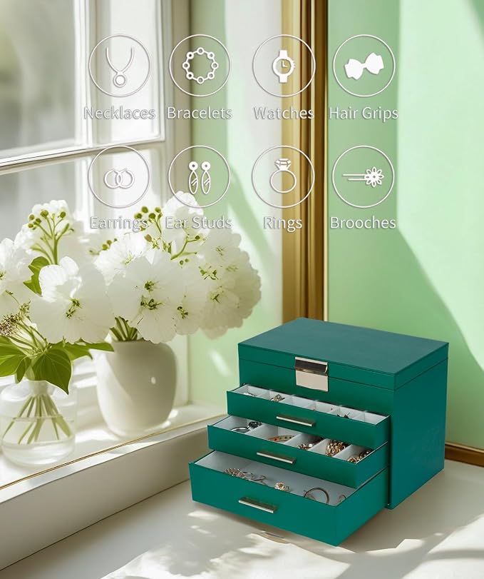 BOOVO Jewelry Boxes for Women, White and Black 6 Layer Large Jewelry Box for Necklace, Bracelet, Earrings, Rings Storage, Jewelry holder Organizer for Girls Gift (Green, 5 Layer)
