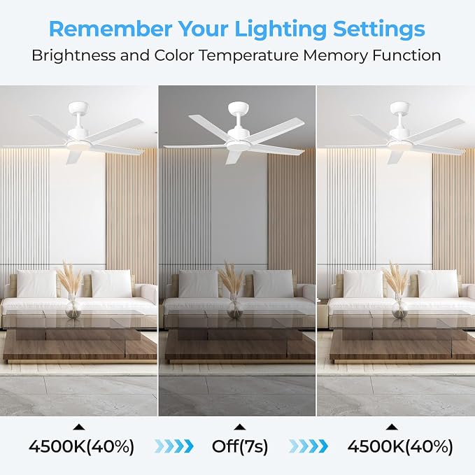 ocioc 44" Ceiling Fans with Lights,White Ceiling Fan with Light and Remote,Reversible Airflow,6 Speeds,Timer,Dimmable,Modern Ceiling Fan for Bedroom,Patios Indoor/Covered Outdoor Use