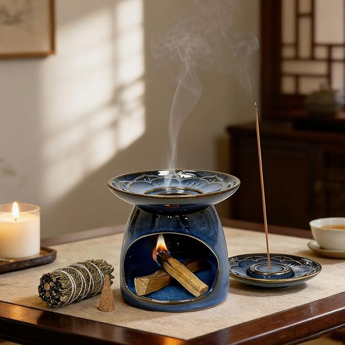 Palo Santo Holder Incense Burner for Sage, Ceramic Incense Holder for Sticks & Cones, 3-in-1 Chimney Burner with Detachable Lotus Stick Tray, Meditation Home Decor Gift