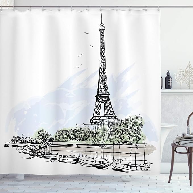 Ambesonne Paris Shower Curtain, Architecture Theme Illustration of Eiffel Tower Birds and Trees Pattern Print, Cloth Fabric Bathroom Decor Set with Hooks, 69" W x 75" L, White and Black