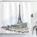 Ambesonne Paris Shower Curtain, Architecture Theme Illustration of Eiffel Tower Birds and Trees Pattern Print, Cloth Fabric Bathroom Decor Set with Hooks, 69" W x 84" L, White and Black