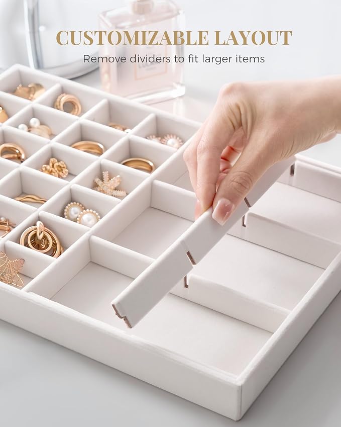 Lolalet Jewelry Drawer Organizer Inserts, Stackable Velvet Tray Jewelry Storage Organizers Set Display Cases for Necklaces Bracelets Earrings Rings Chains Bangles Watches, Beige, Set of 2