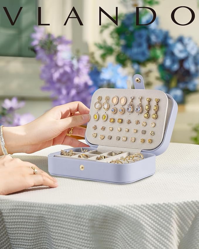 VLANDO Travel Jewelry Case for Women Girls Mothers, PU Leather Portable Small Jewelry Box for Rings, Necklaces, Bracelets, Earring Holder Organizer Storage for Travel Gifts Bridesmaid Gifts - Purple