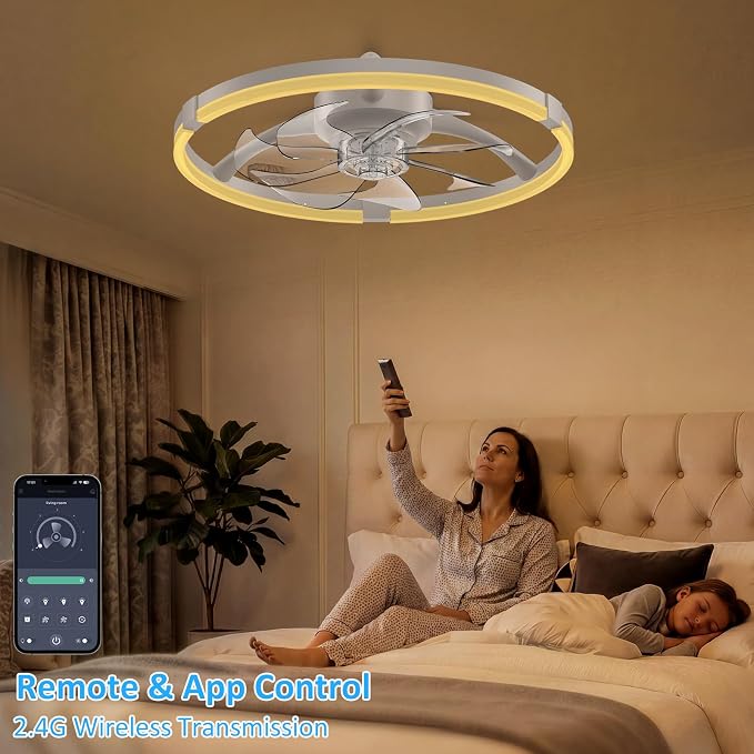 20'' Low Profile Ceiling Fan with Lights, Ceiling Fans with Lights and Remote, 3000-6500K Dimmable Modern Flush Mount LED Fan Lights, 6 Wind Speeds Ceiling Fans for Bedroom