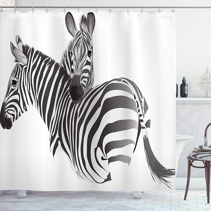 Ambesonne Zebra Shower Curtain, Exotic Animals Couple Savannah Theme Jungle Fauna Camouflage Digital Design Print, Cloth Fabric Bathroom Decor Set with Hooks, 69" W x 84" L, Grey White