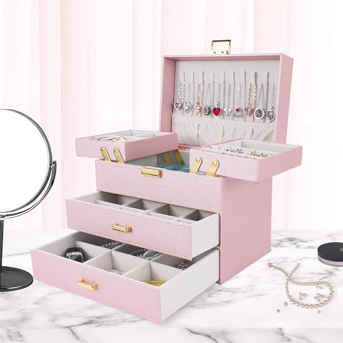 Dajasan Jewelry Organizer Box, Large Jewelry Boxes for Girls, Space-Saving 4 Layers Jewelry Storage Case with Drawer, Gift for Women, Movable Metal Stand, Modern (Pink+ Gold)