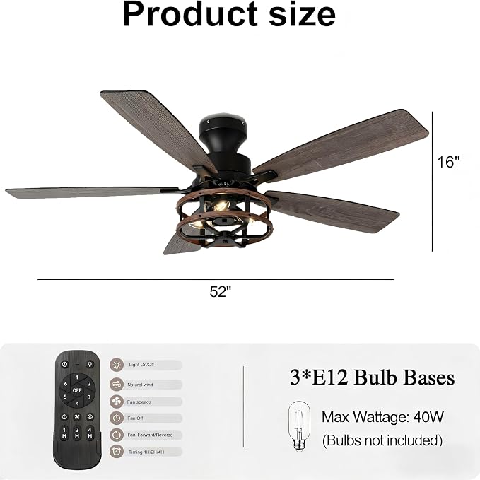 52" Flush Mount Farmhouse Ceiling Fan with Lights and Remote | Rustic Caged Fandelier Ceiling Fan, 5 Dual Blades Chandelier for Bedroom Living Room Dining Room, 3 E12 Bulbs (Not Included)