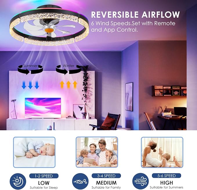 Mpayel 20" Low Profile Ceiling Fan with RGB Light - Modern Bladeless Flush Mount Ceiling Fan with Remote, Quiet DC Motor, 6 Speeds, 3CCT Dimmable LED Light for Kids Room, Bedroom & Bunk Beds