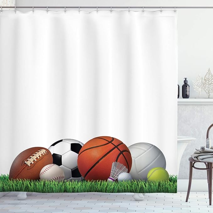 Ambesonne Sports Shower Curtain, Simple Print of Equipment on The Grass Summertime Outdoor Activities Fitness Exercise Theme, Cloth Fabric Bathroom Decor Set with Hooks, 69" W x 84" L, Burnt Sienna