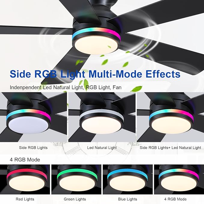 Black RGB Ceiling Fans with Lights - 46" Flush Mount Ceiling Fan with Remote APP, RGB+3CCT Dimmable Led Light, Reversible 6 Wind Speeds&2H Timer, Low Profile Modern Fan Light Fixture for Bedroom Party