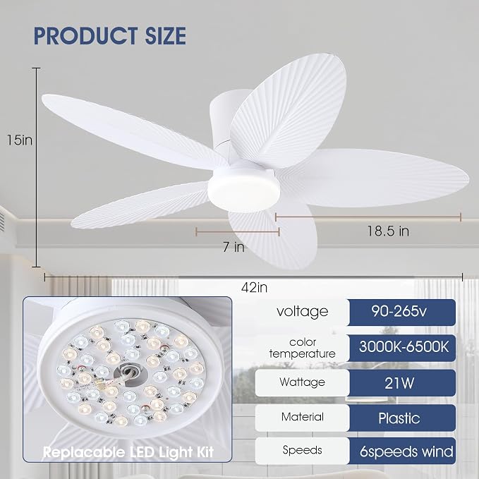 Surtime Palm Leaf Ceiling Fans with Lights-42 Tropical Ceiling Fan with Light and Remote/APP Control,Flush Mount Low Profile White Ceiling Fans for Bedroom,Indoor/Outdoor Patio Use