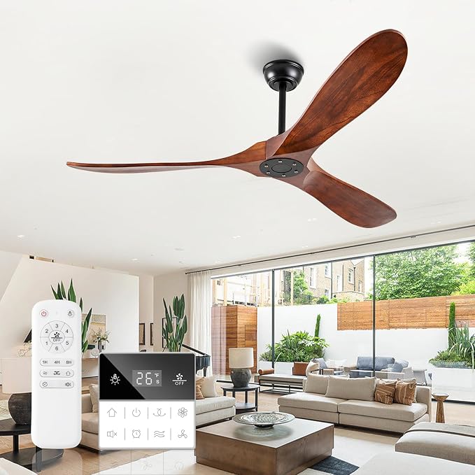 60 Inch Solid Wood Ceiling Fans No Lights Remote Control,Large Outdoor Real Wood Ceilings Fan Without Lights 3 Walnut Blades Craftmade Quiet for Patio Farmhouse Living Room Bedroom Office