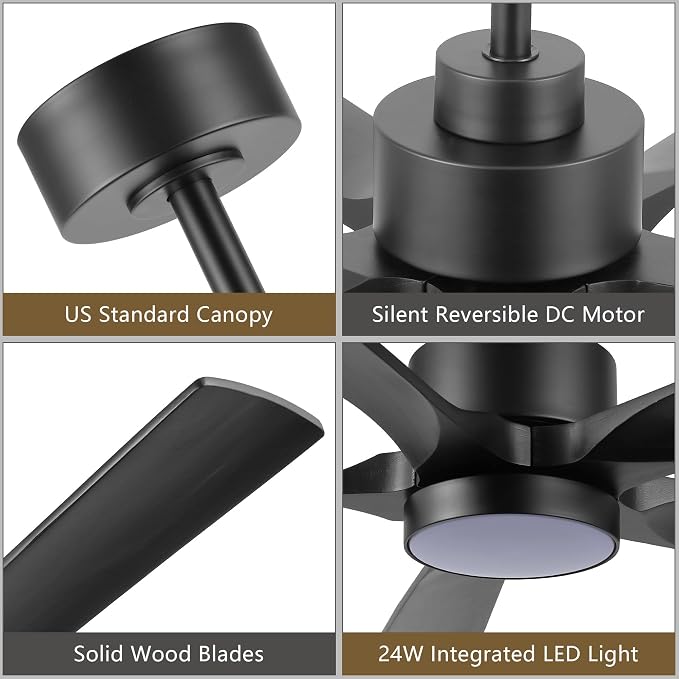 ELEHINSER 52" Modern Ceiling Fan with Light and Remote Control, 5 Solid Wood Blades 6-Speed Noiseless Reversible DC Motor, Ceiling Fan for Bedroom Dinning Living Room, Black