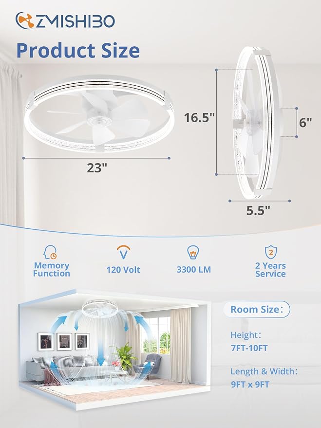 ZMISHIBO Ceiling Fan with Light and remote, 23'' Low Profile Ceiling Fans | Flush Mount Modern Ceiling Fan and Remote Control, 3000K-7000K Dimmable, Modern Fandelier for Bedroom, Living Room