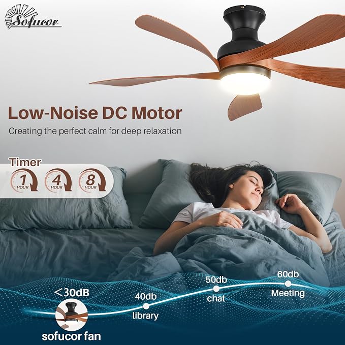 Sofucor 42 Inch Low Profile Ceiling Fan with Light, Flush Mount Outdoor Ceiling Fan with Remote for Farmhouse Bedroom Living Room Patio, Dimmable LED High Airflow Quiet Reversible DC Motor