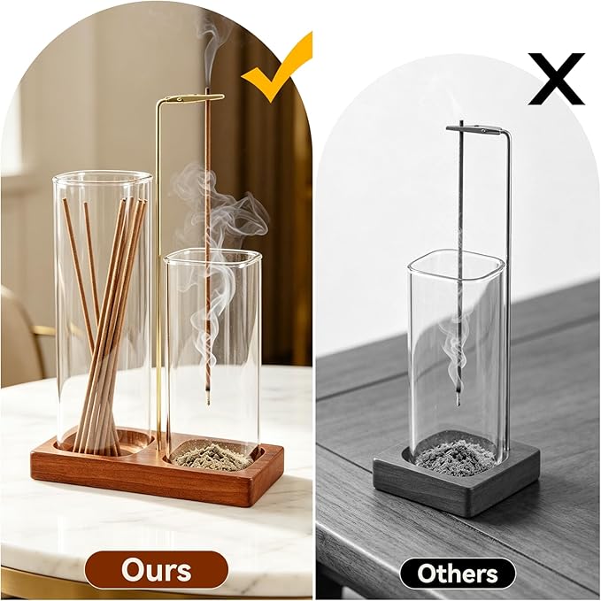 2 in 1 Incense Holder, Wooden Incense Holder for Sticks with Glass Ash Catcher & Storage, Anti-Ash Flying Incense Burner for Meditation, Yoga, Spa Home Boho Decor (Brown)