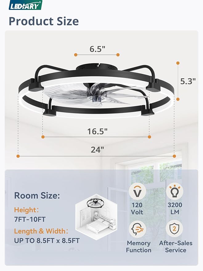 LEDIARY 2 Pack Ceiling Fans with Lights and Remote, 24'' Low Profile Ceiling Fan with Light, 3000-6000K Dimmable Fandelier LED Fan Light, 6 Wind Speeds, Black Flush Mount Ceiling Fan for Bedroom
