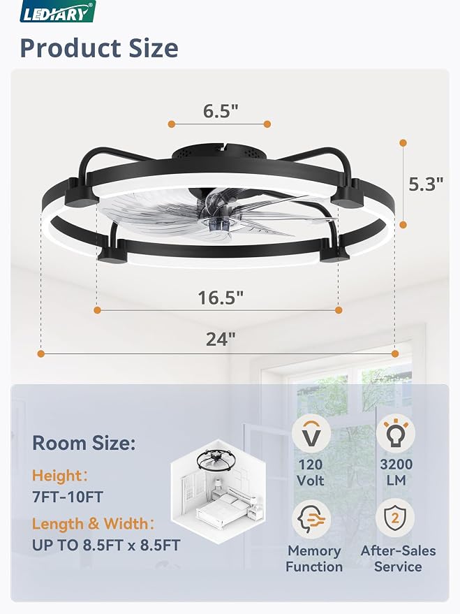 LEDIARY Ceiling Fans with Lights and Remote, 24'' Low Profile Ceiling Fan with Light, 3000-6000K Dimmable Fandelier LED Fan Light, 6 Wind Speeds, Black Modern Flush Mount Ceiling Fan for Bedroom