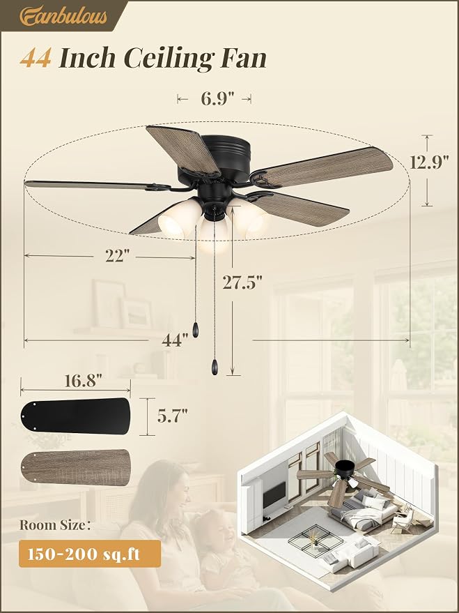 Fanbulous 44" Farmhouse Ceiling Fan with 3 Lights, Shatterproof PP Shades | DC Quiet Motor, 6-Speed Timer, Remote & Pull Chain Control, Low Profile Flush Mount for Bedroom, Living Room, Kitchen, Black