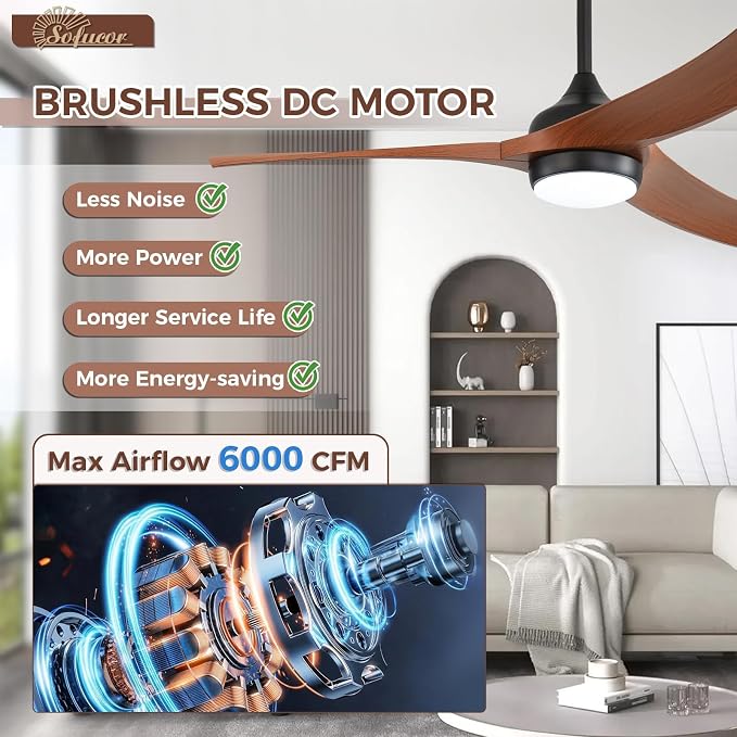 Sofucor 52 Inch Smart Ceiling Fan, Works with App/Alexa/Google, Outdoor Ceiling Fan with Lights Remote Control, Dimmable Airflow 6000CFM ABS 3 Blades Reversible DC Motor for Living Room Bedroom Patio