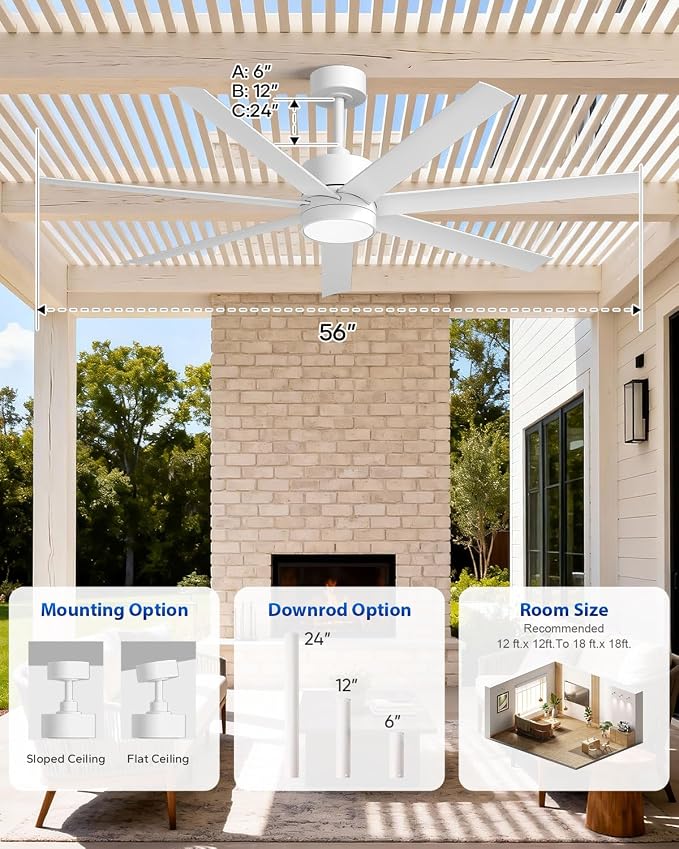 56 Inch Wet Rated Outdoor Ceiling Fan with Light for Patio, All Weather Waterproof, 7 UV-Proof White Blades with Remote, 7793 CFM High Airflow, ETL Listed Quiet DC Motor, for Exterior Porch, Gazebo