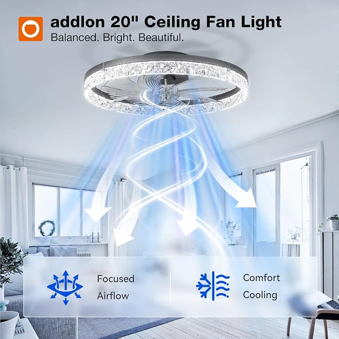 addlon Ceiling Fans with Lights and Remote, 20'' Low Profile Flush Mount Ceiling Fan, 3000–6000K Dimmable LED Fandelier, Bladeless Crystal Fan Light for Bedroom, Kitchen, Living Room, Black